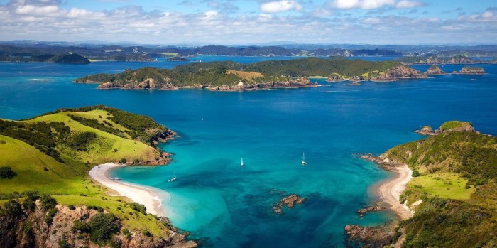 Aerial view of turquoise bay near Waiheke Island